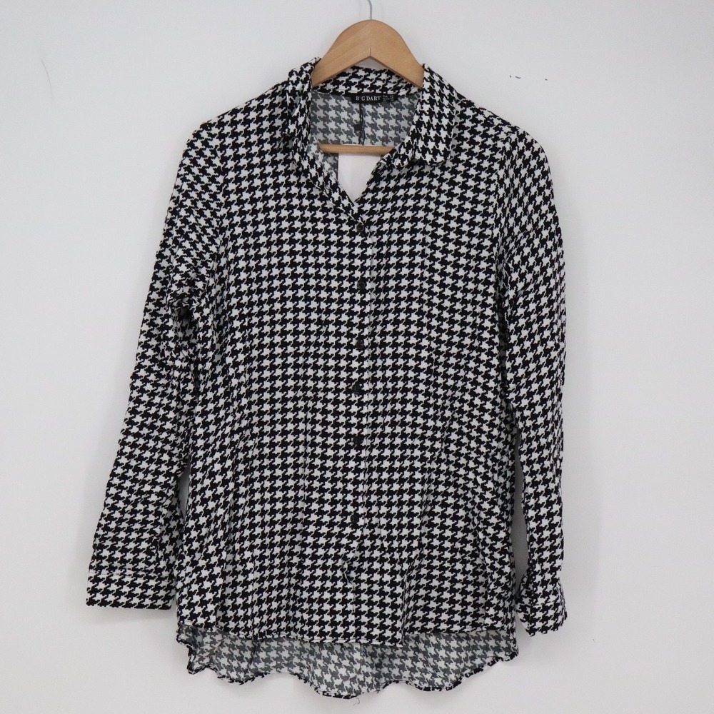 Big Dart Button-Down Women 12 Houndstooth Black White Long Sleeve NWT